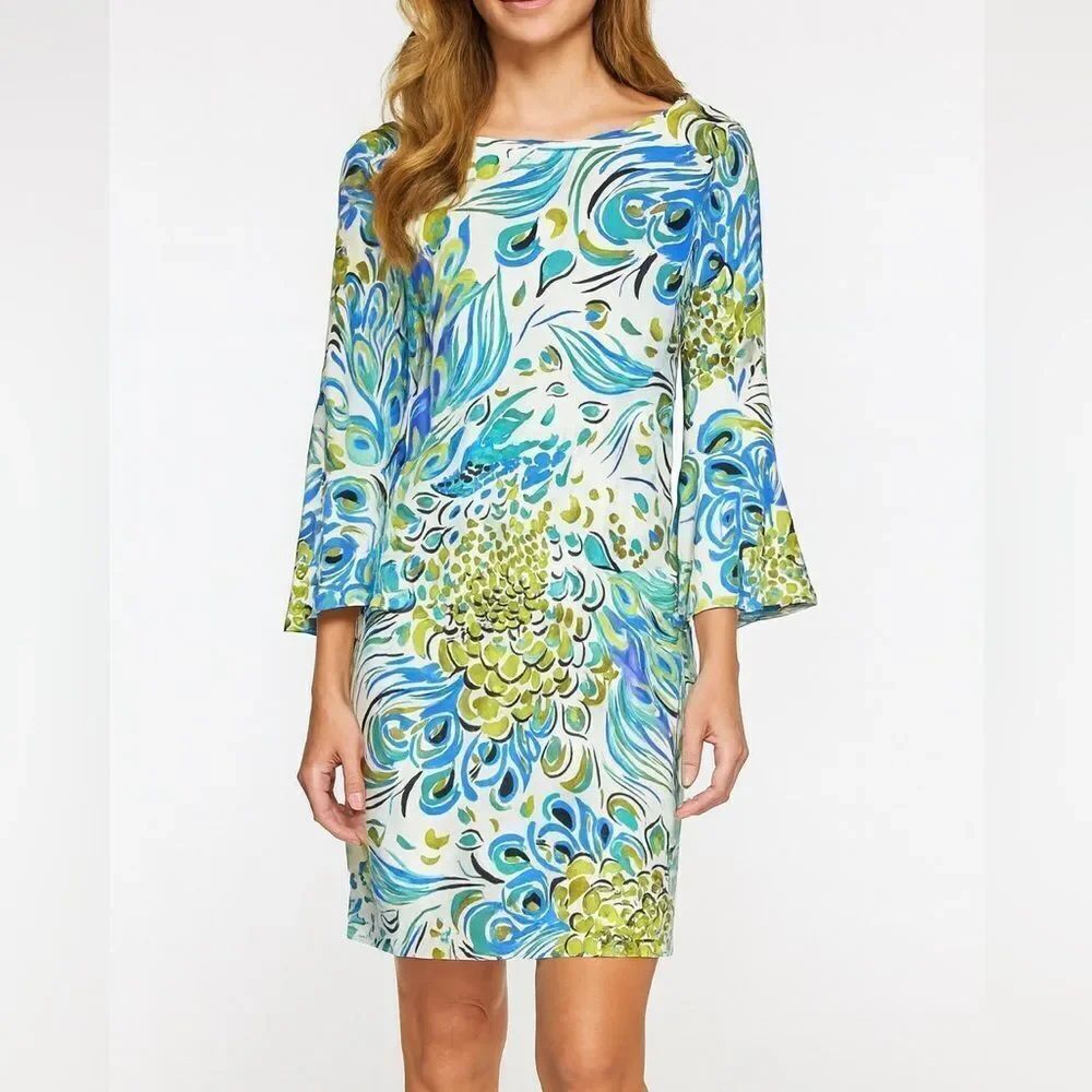 Tara Grinna Peacock Print Bell Sleeve Mini Dress Size XS Stretchy